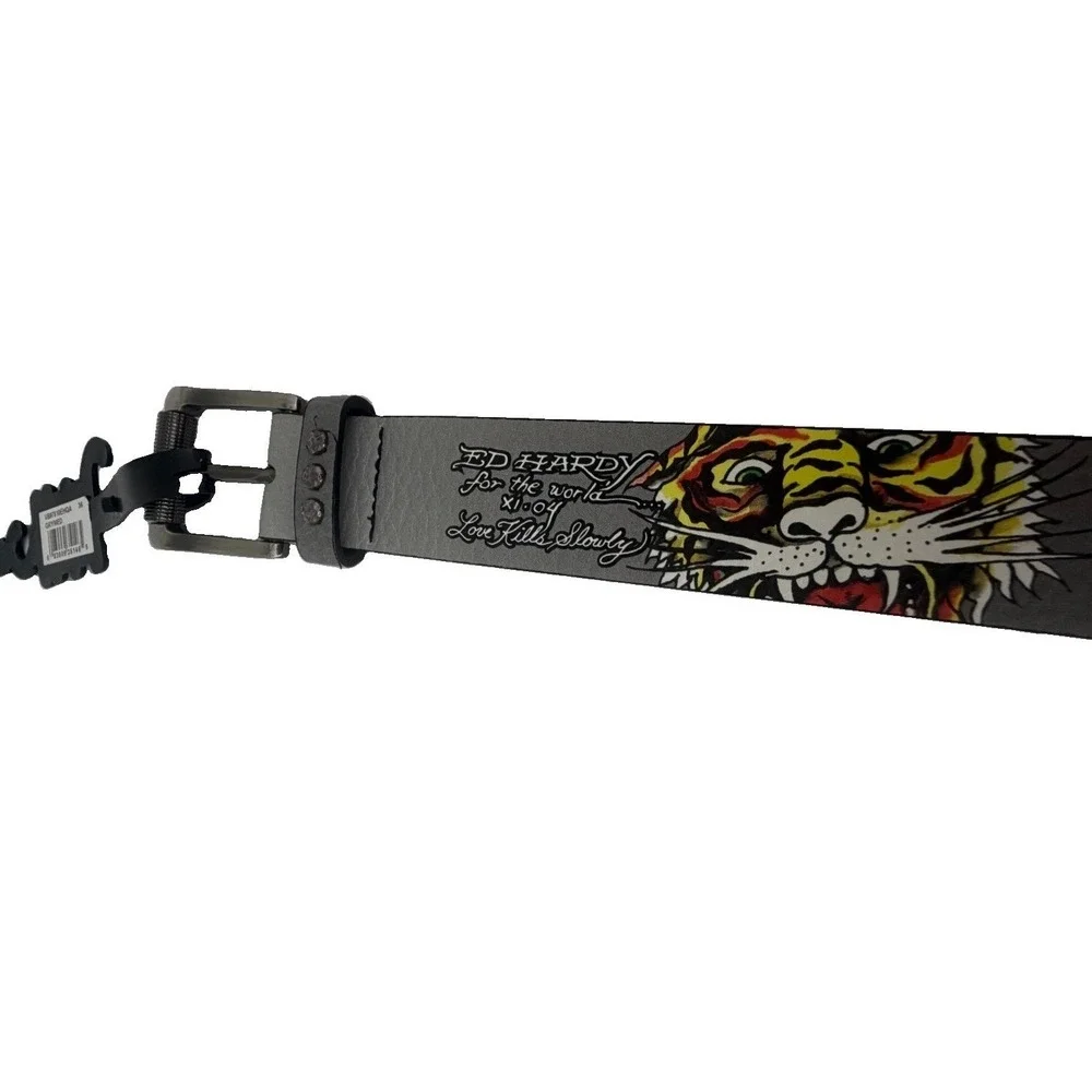 Ed Hardy Men's Gray Belt Tiger Tattoo Love Kills Slowly VB97510EHQA Size 36 New